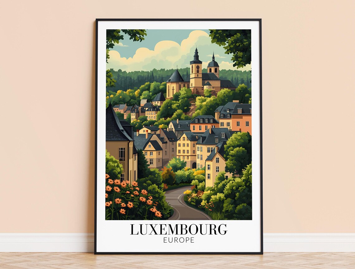 Luxembourg Europe Poster with Hillside Church Town and Winding Road