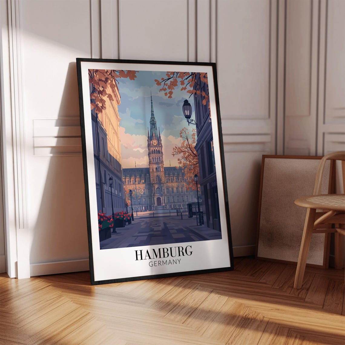 Hamburg Germany Rathaus Clock Tower Autumn Boulevard Scene Poster - Image 4