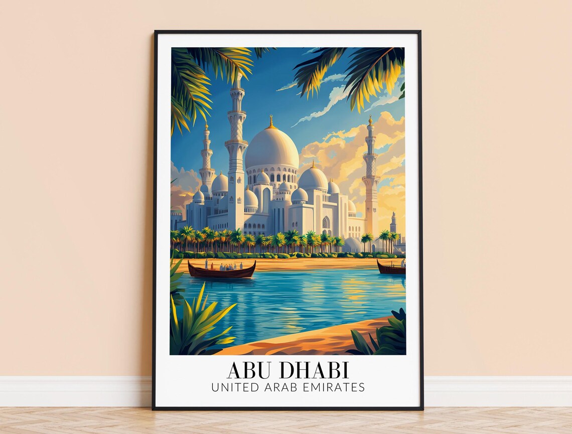 Abu Dhabi United Arab Emirates Grand Mosque Retro Travel Poster