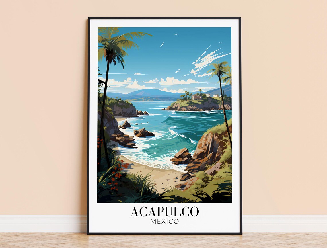 Acapulco Mexico Tropical Cove Palm Beach Sunset Travel Poster Art