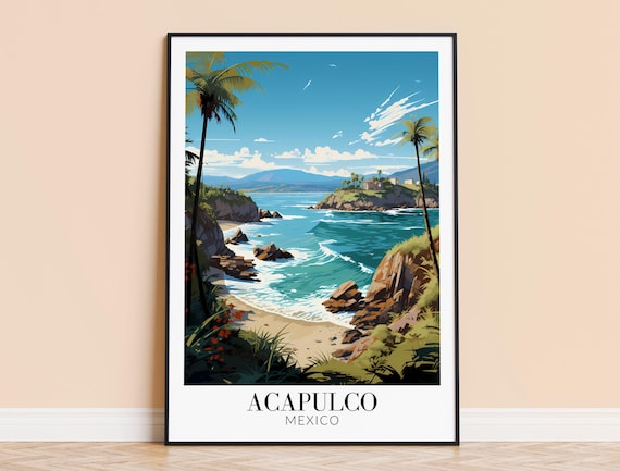 Acapulco Mexico Tropical Cove Palm Beach Sunset Travel Poster Art