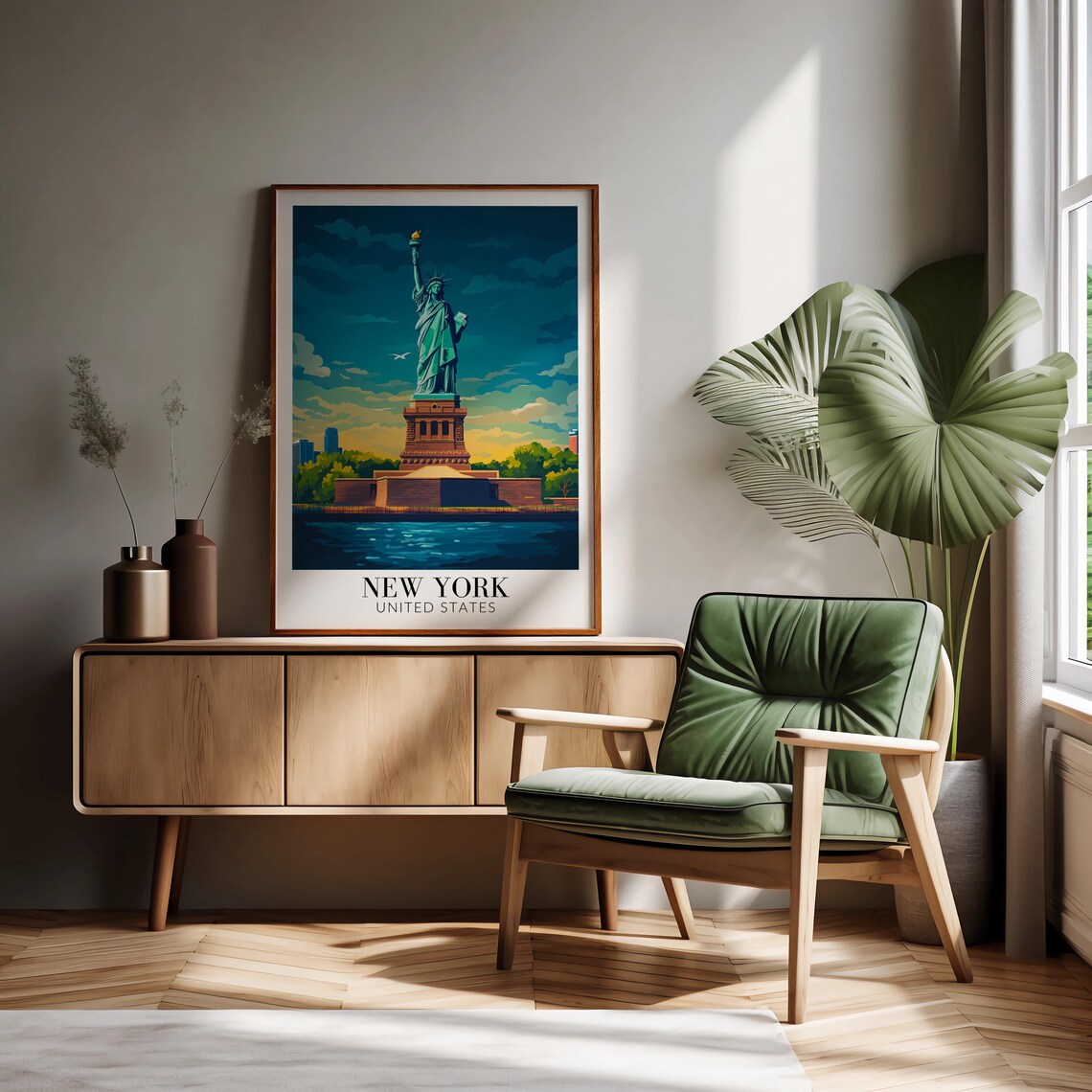 New York Statue of Liberty Harbor Sunset Iconic Travel Poster - Image 2