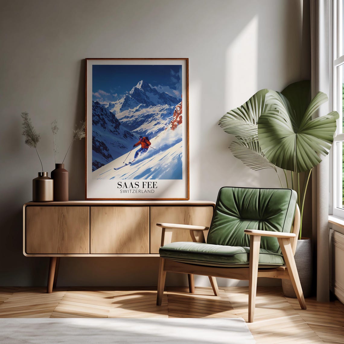 Saas Fee Switzerland Powder Skier Under Deep Blue Sky Poster - Image 2