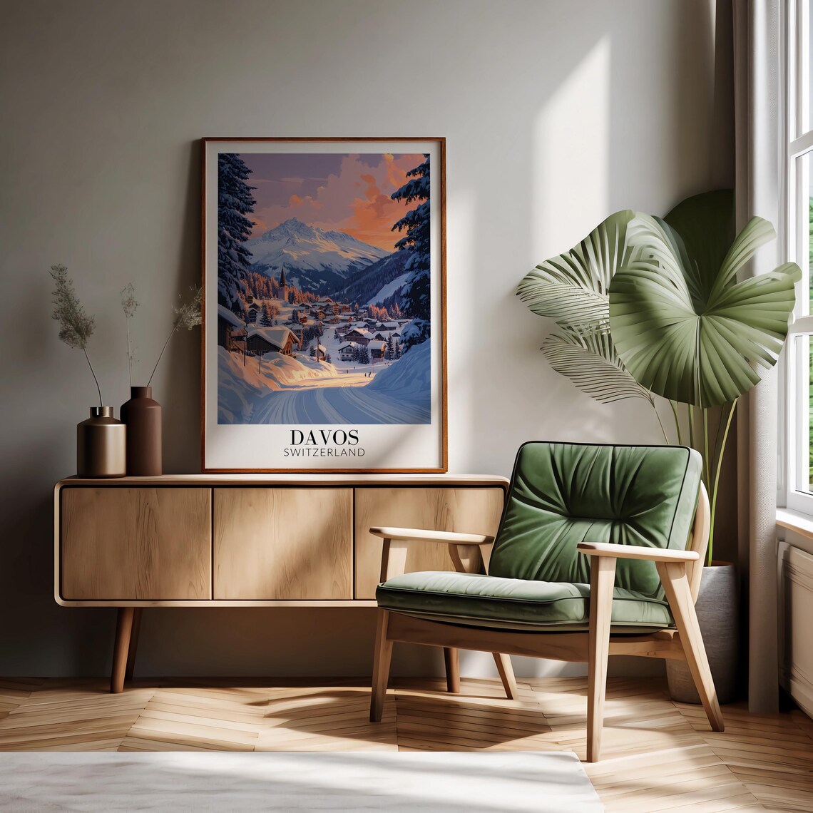 Davos Switzerland Village Valley at Purple Sunset Travel Poster - Image 2
