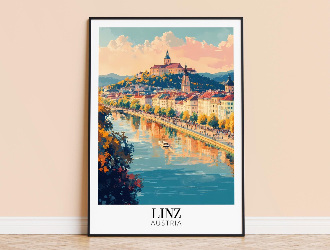 Linz Austria Danube Riverside Hilltop Church City Travel Poster