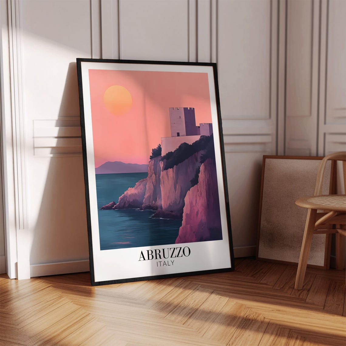 Abruzzo Coastal Cliff Castle Rosy Pink Sunset Glow Travel Poster - Image 4