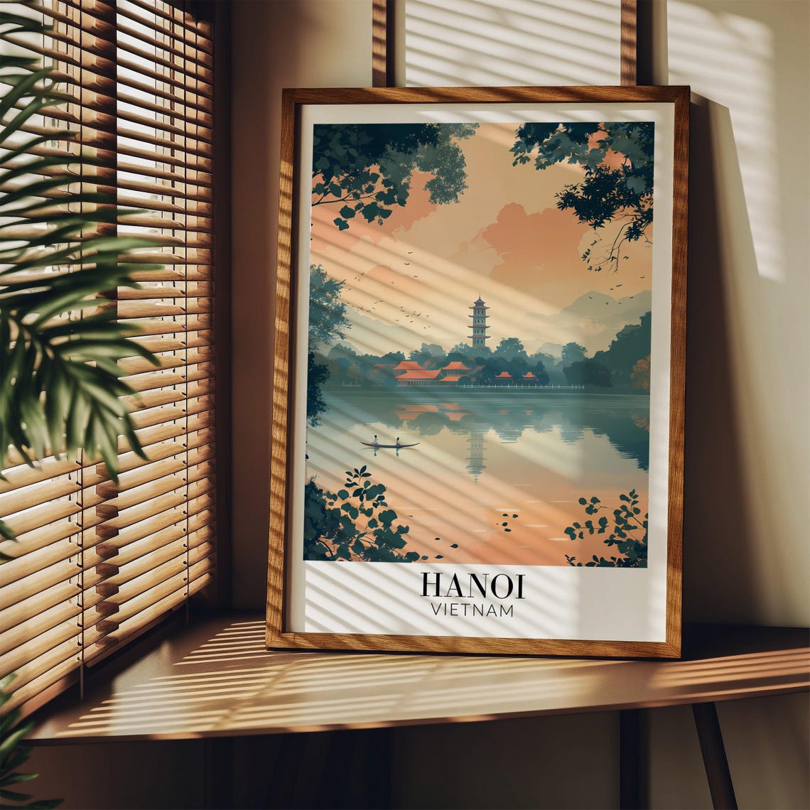 Hanoi Vietnam Lakeside Pagoda Reflection at Sunset Travel Poster - Image 3