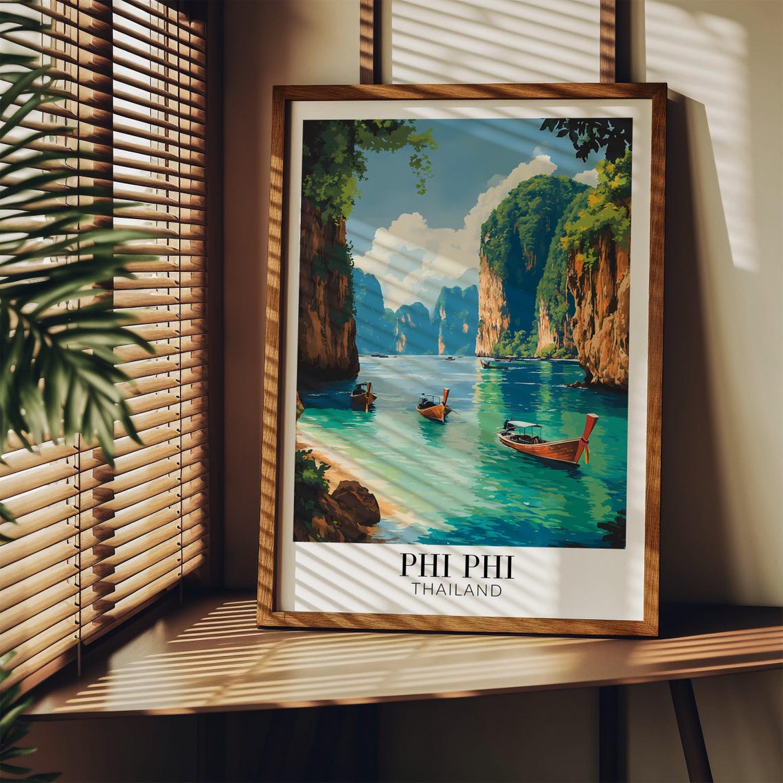 Phi Phi Thailand Emerald Cove Longtail Boats Between Cliffs Poster - Image 3