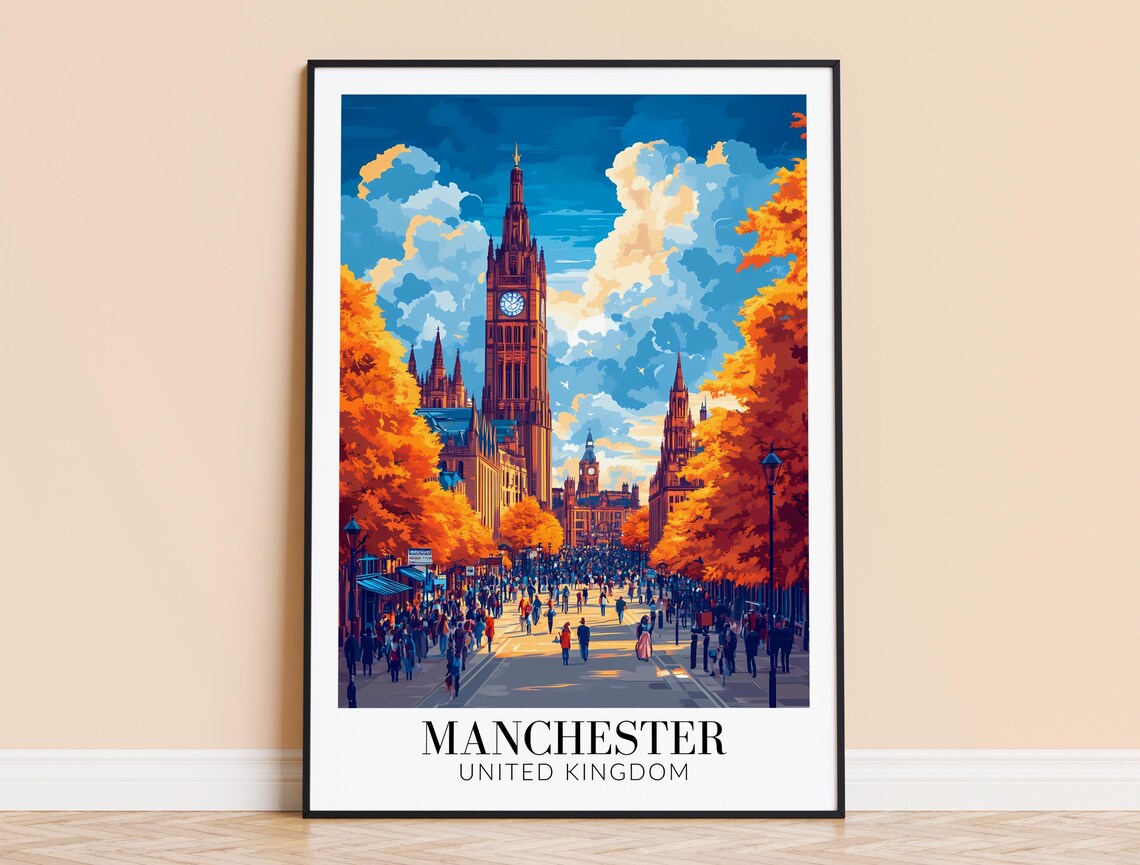 Busy Manchester Town Hall Golden Autumn Crowded Street Poster