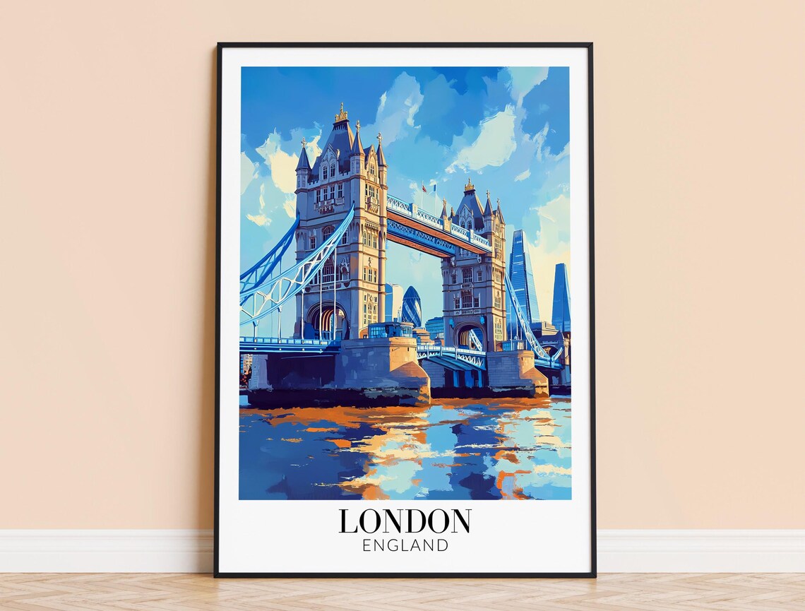 London England Tower Bridge Skyline Shard Modern City Travel Poster