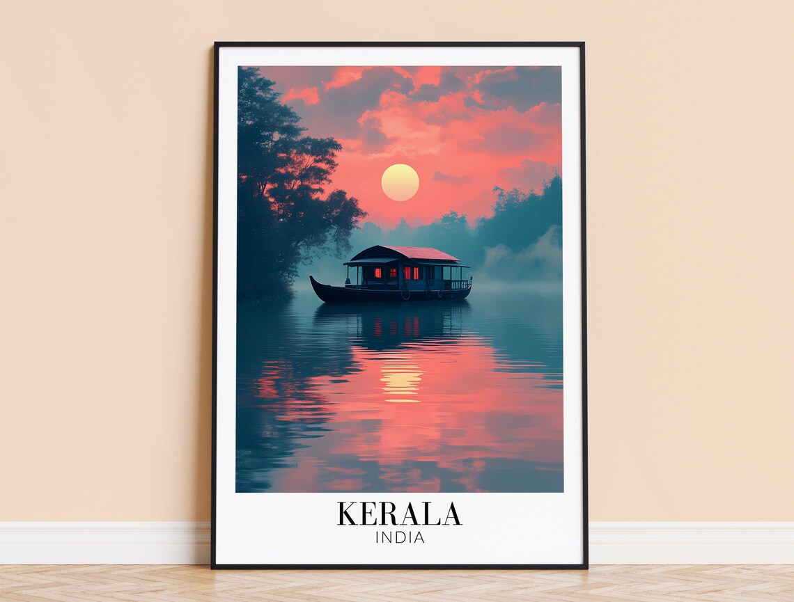 Kerala India Houseboat Sunset Backwaters Retro Travel Poster