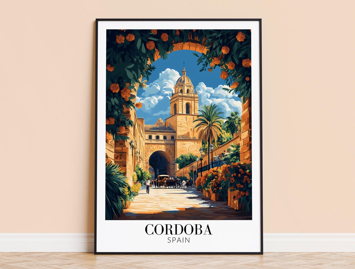 Cordoba Spain Mezquita Tower Golden Flower Archway Travel Poster