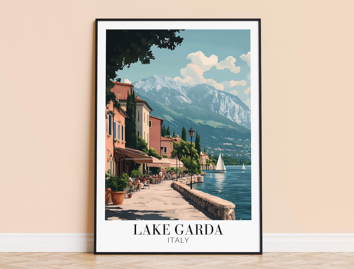 Lake Garda Italy Sunny Lakeside Promenade Vintage Travel Poster