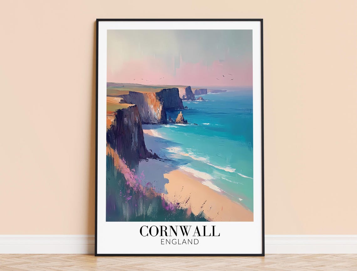 Cornwall England Sea Cliffs Over Turquoise Water Travel Poster