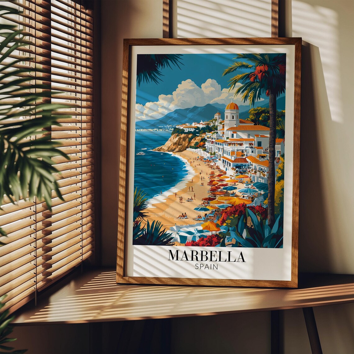 Marbella Spain Vibrant Beach Umbrellas Palm Shore Travel Poster - Image 3