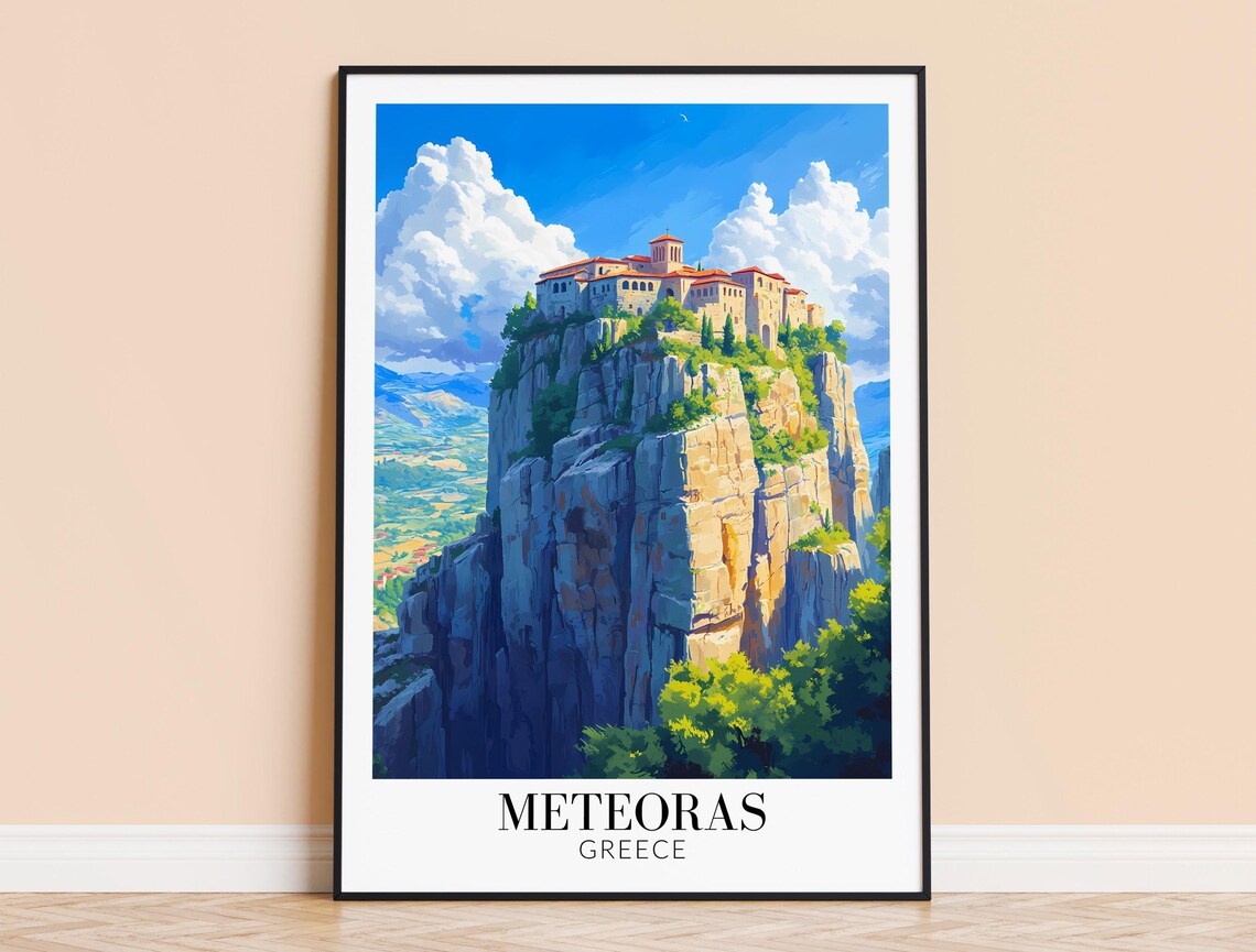 Meteoras Greece Monastery Atop Towering Rock Pillar Travel Poster
