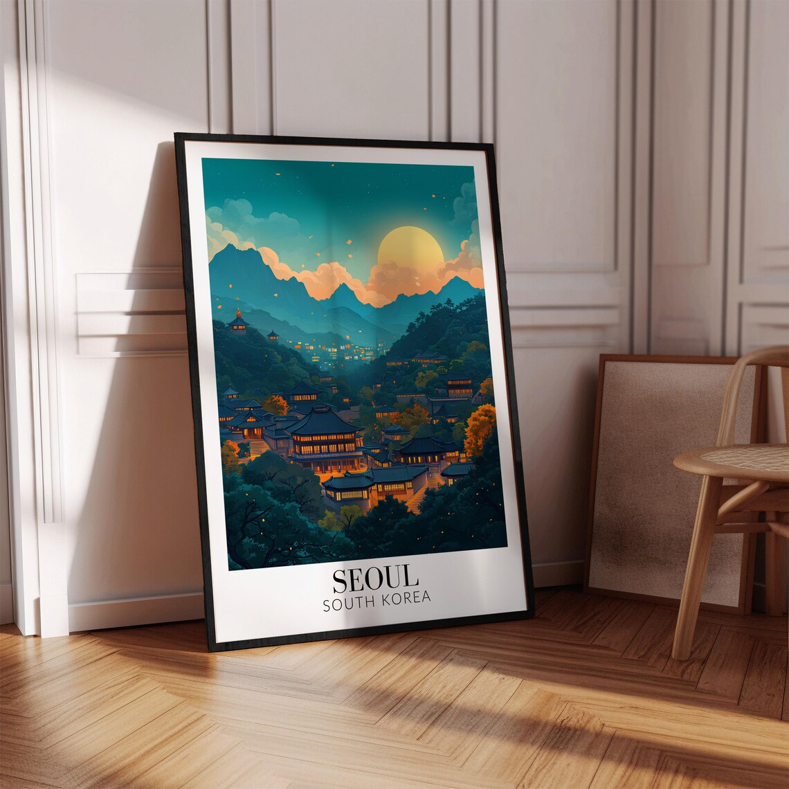 Seoul Night Temples Moonlit Mountains City Lights Travel Poster - Image 3