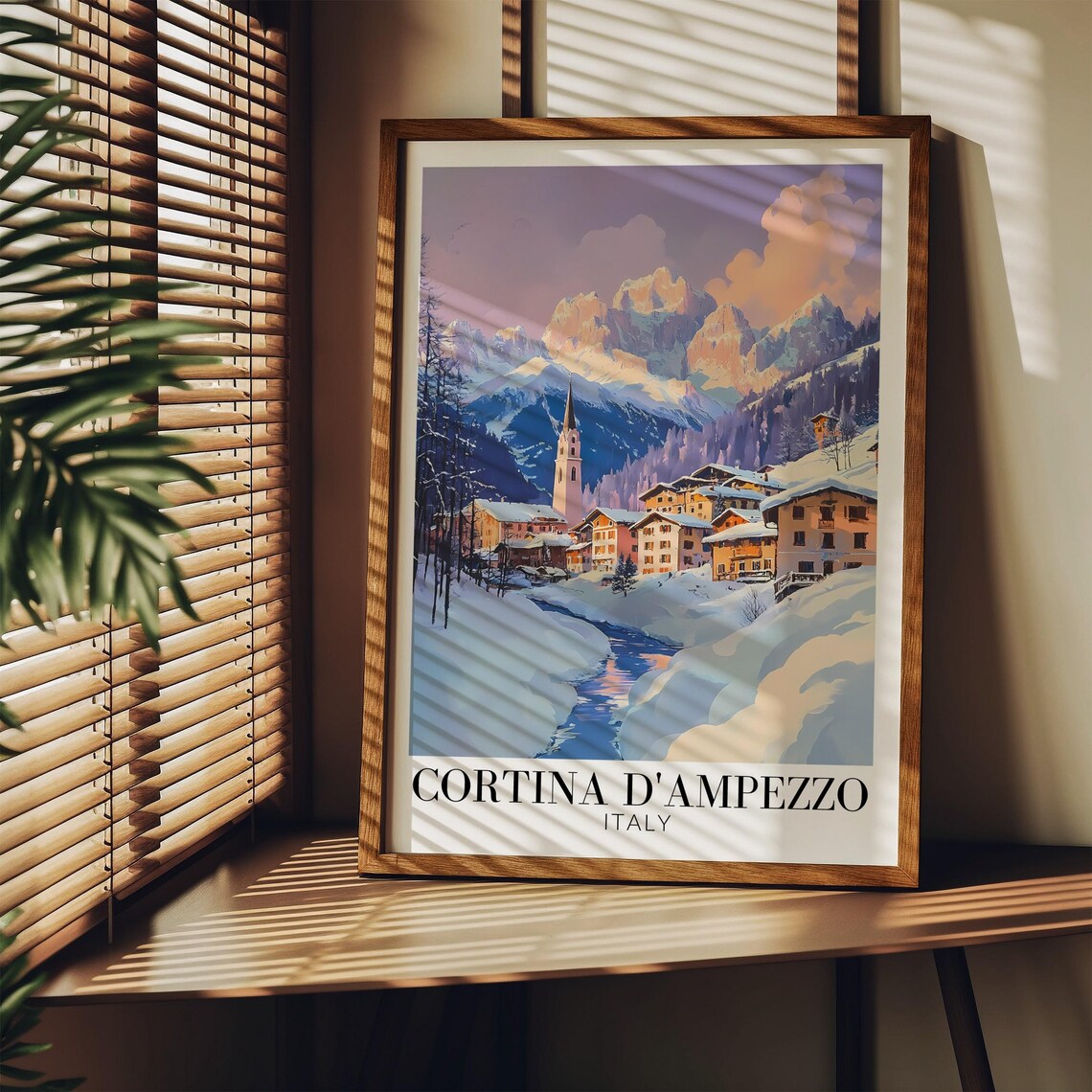 Cortina DAmpezzo Italy Snowy Town Bell Tower at Dusk Travel Poster - Image 3