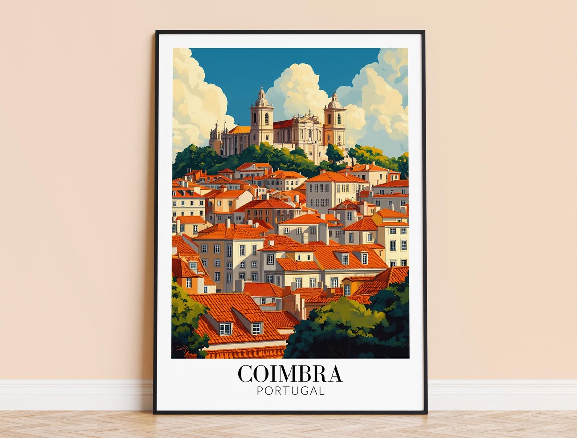 Coimbra Portugal Red Rooftops Cathedral Blue Sky Vintage Travel Poster