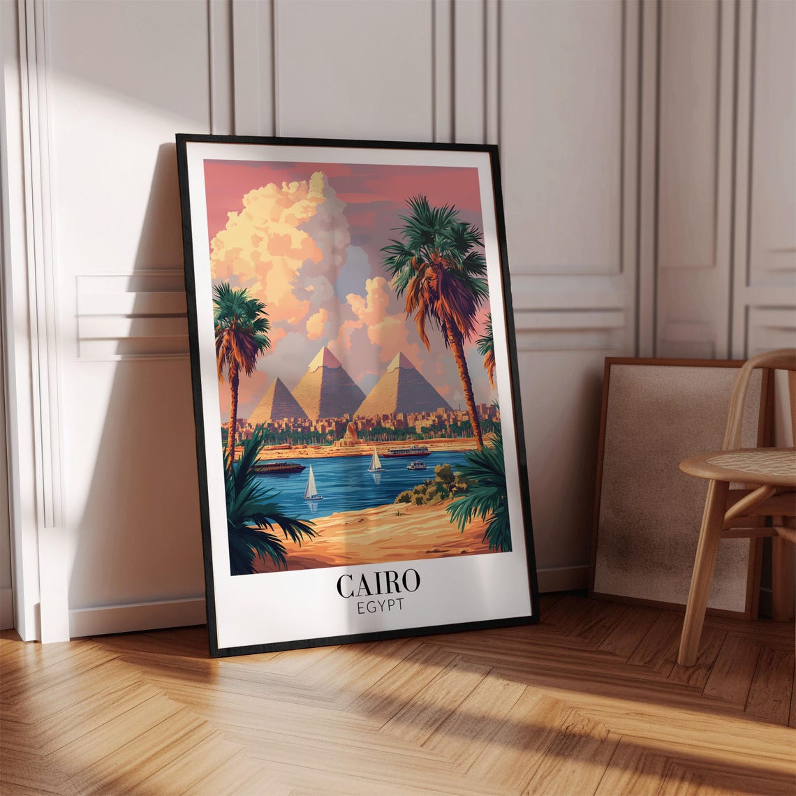 Cairo Giza Pyramids Nile River Feluccas Palm Sunset Egypt Poster - Image 4
