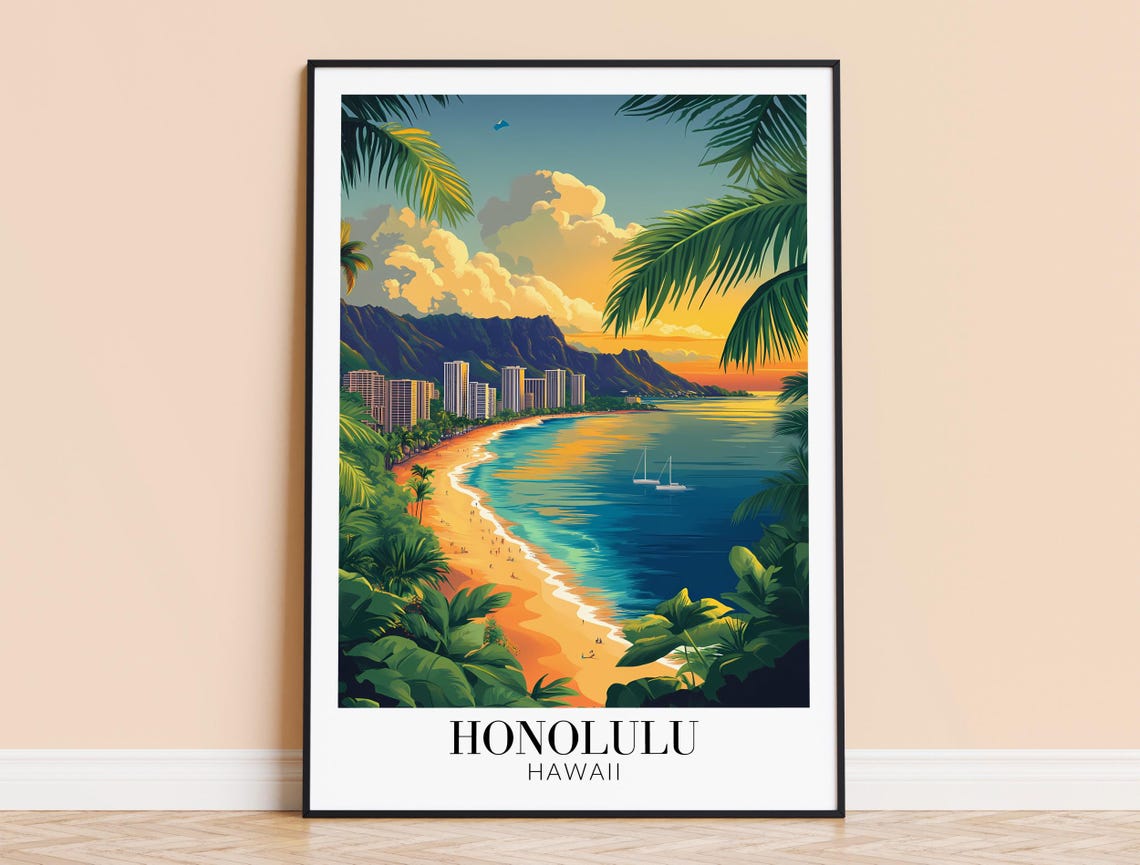 Honolulu Hawaii Waikiki Beach Sunset Poster with Glowing Skyline