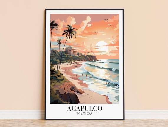Acapulco Mexico Sunset Beach Palm Tree Vintage Travel Poster
