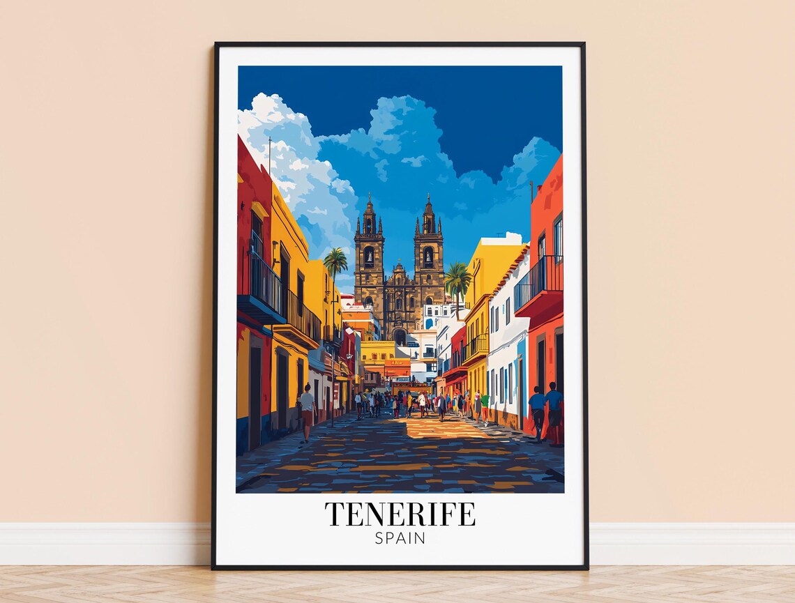 Tenerife Spain Colorful Colonial Street Poster With Twin Towers