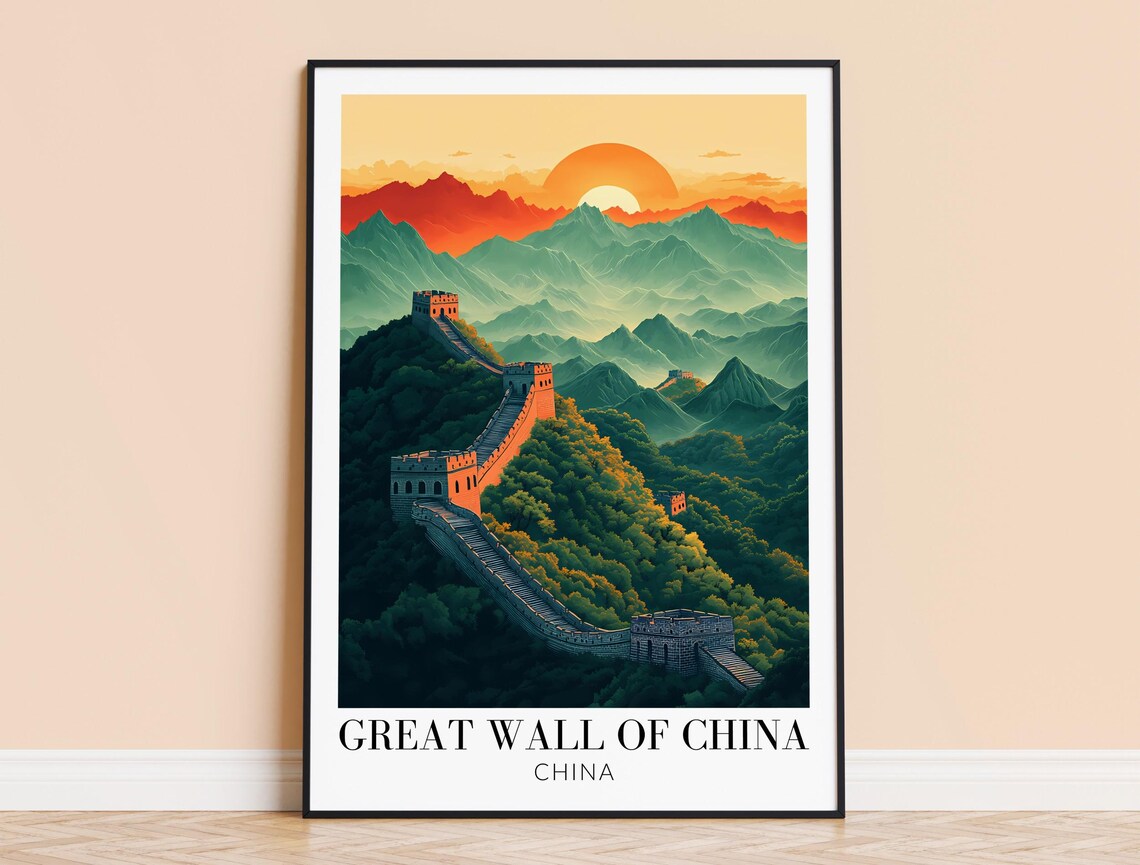 Great Wall of China Golden Sunset Orange Sky Mountain Vista Poster