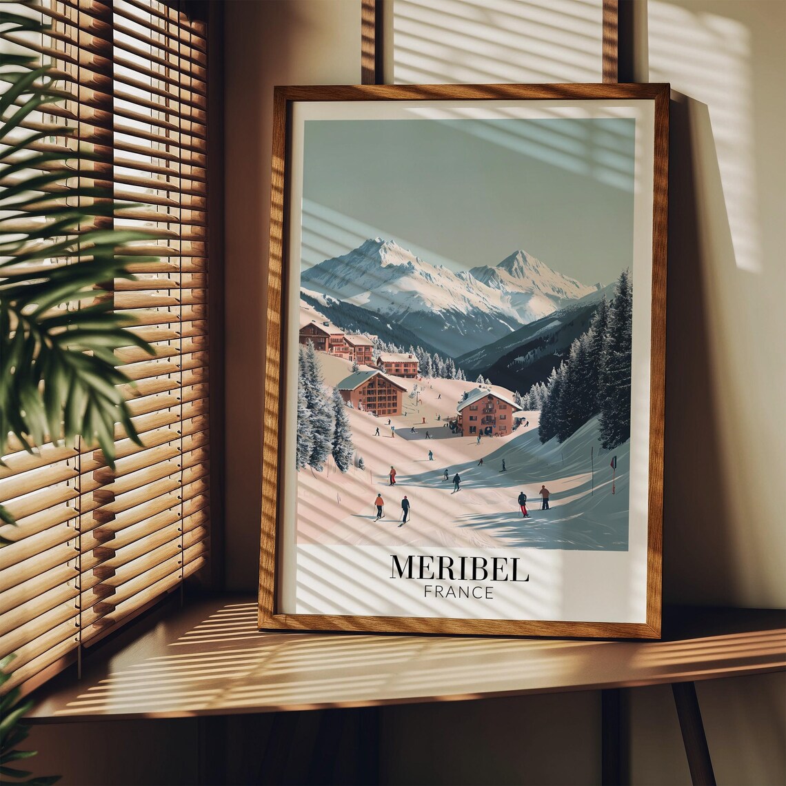 Meribel France Soft Pastel Ski Slopes With Skiers Winter Travel Poster - Image 3