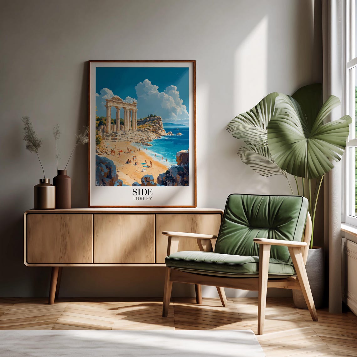 Side Turkey Ancient Temple Ruins Sandy Beach Bright Day Travel Poster - Image 2
