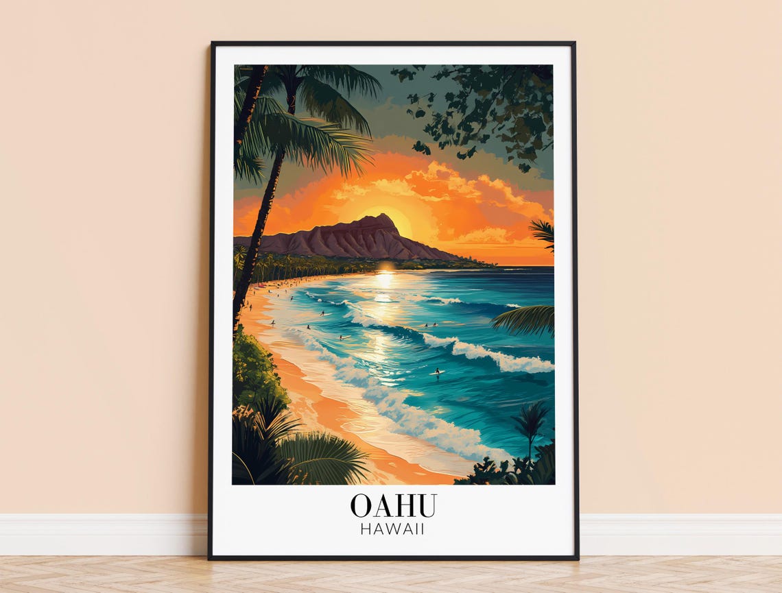 Oahu Hawaii Sunset Surf Over Diamond Head Beach Travel Poster