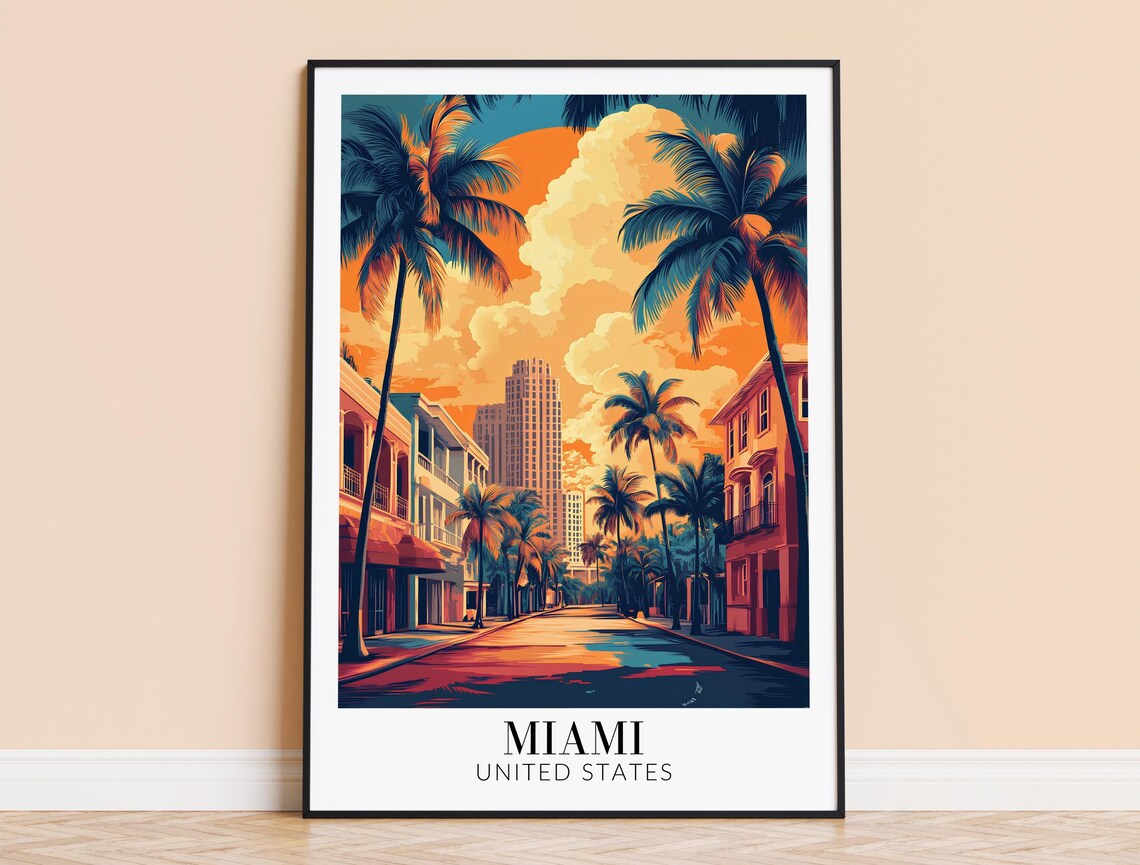 Miami Palm Lined Street Sunset Glow Downtown Towers Travel Poster