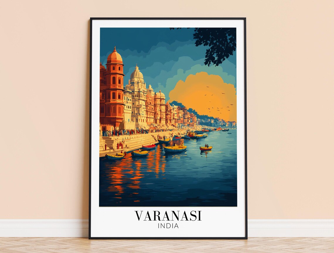 Varanasi India Golden Sunset Ghats Riverside Vintage Travel Poster