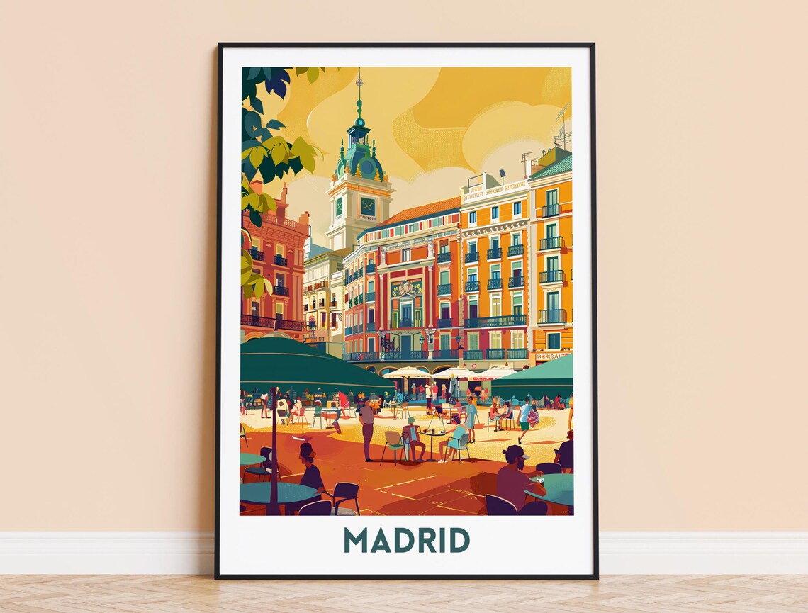 Madrid Grand Plaza Cafe Terraces Golden Hour Spain Travel Poster