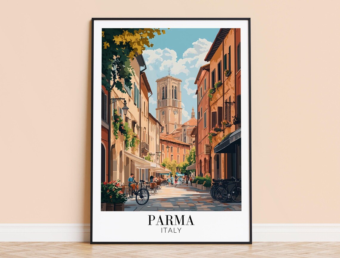 Parma Italy Historic Old Town Street Cathedral Tower Travel Poster