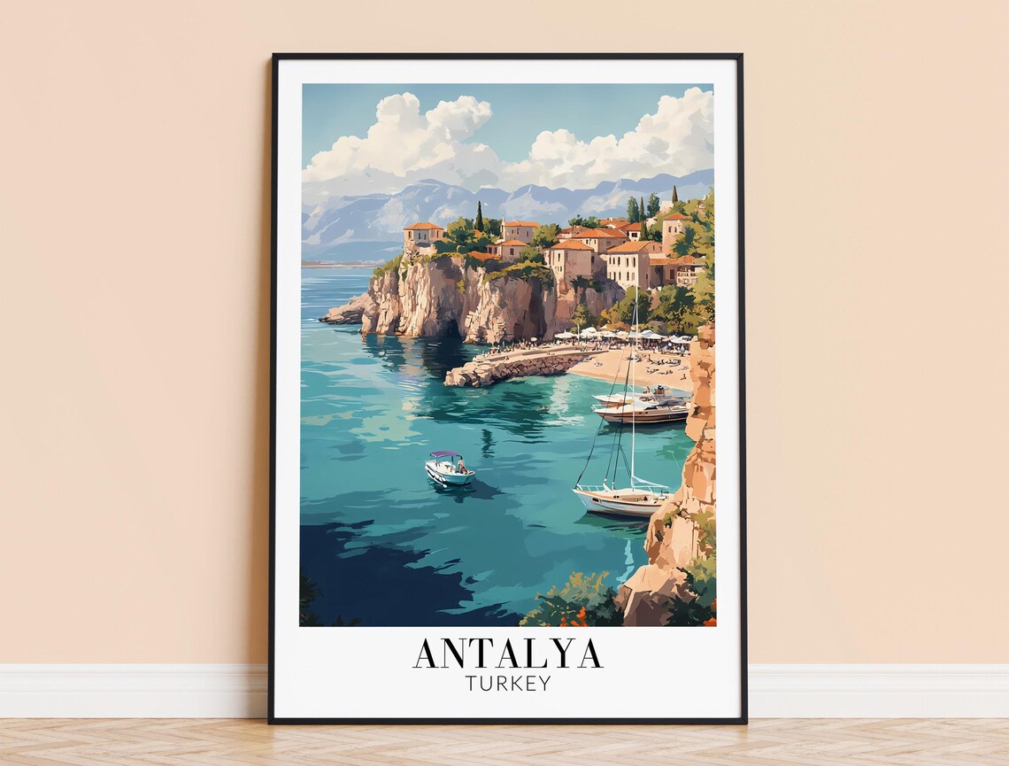 Antalya Turkey Cliff Beach Cove Sailboats Turquoise Sea Poster