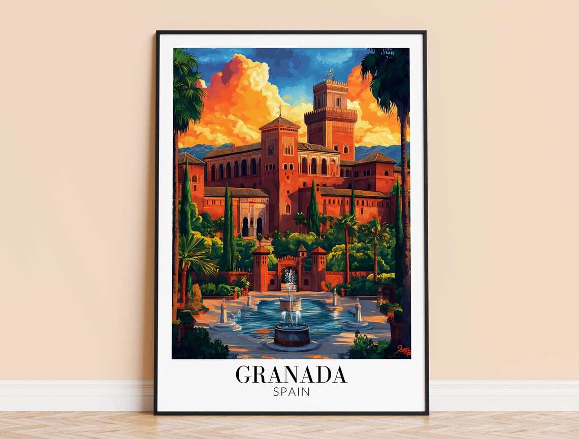Granada Spain Alhambra Palace Fountain Courtyard Sunset Poster