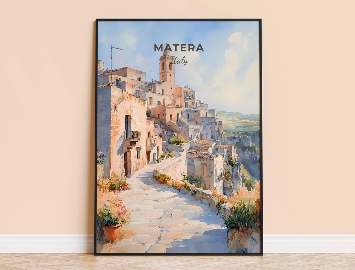 Matera Italy Ancient Stone Hill Town Watercolor Travel Poster