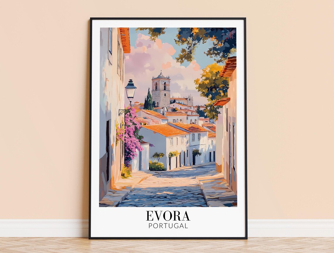 Evora Portugal Cobblestone Lane With Bell Tower and Blooms Poster