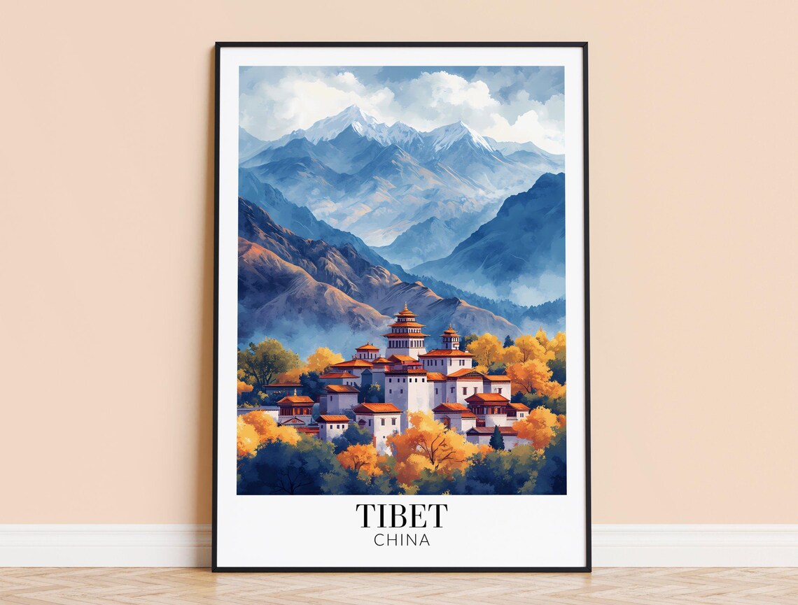 Tibet China Himalayan Monastery Autumn Mountain Travel Poster