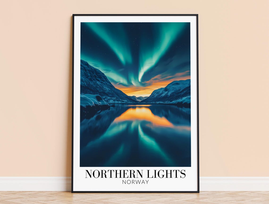 Norway Northern Lights Fjord Aurora Reflection Night Sky Poster