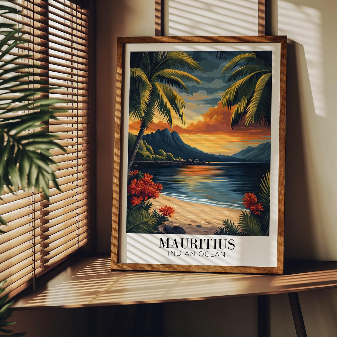 Mauritius Beach Sunset Palm Trees Lagoon Island Travel Poster - Image 4