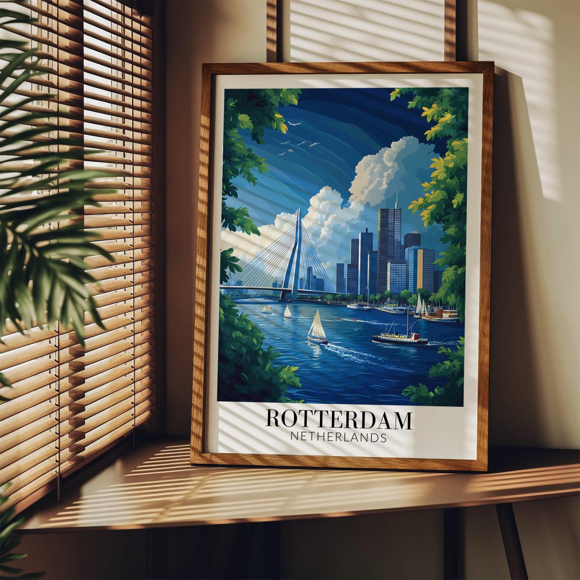 Rotterdam Netherlands Erasmus Bridge Sailboat Harbor Day Poster - Image 3