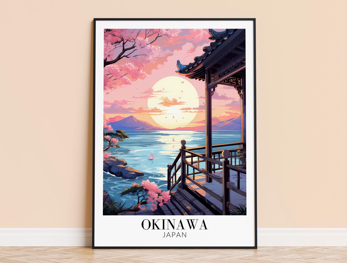 Okinawa Japan Cherry Blossom Moonlit Sea Retro Travel Poster