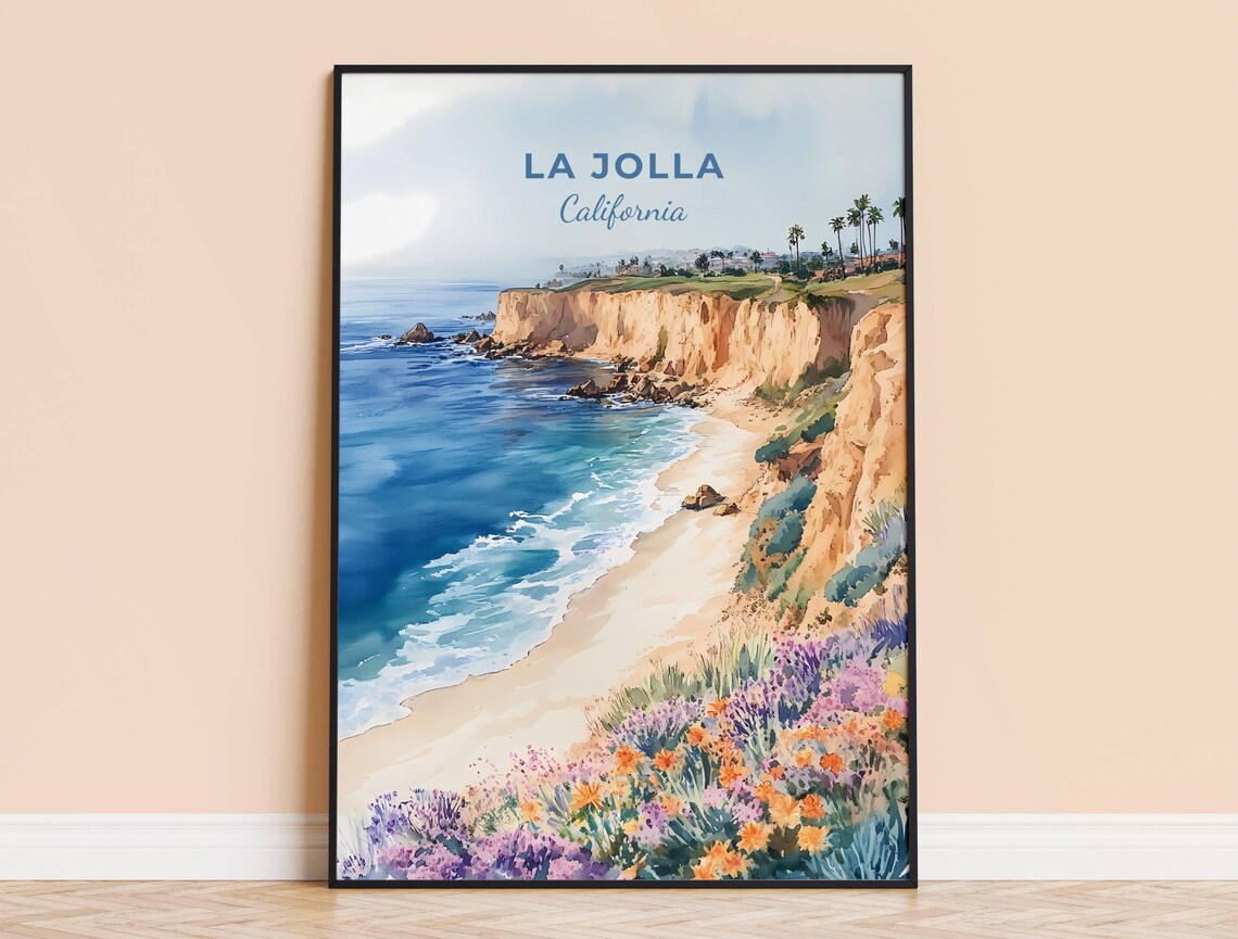 La Jolla California Coastal Cliffs Beach Turquoise Watercolor Poster