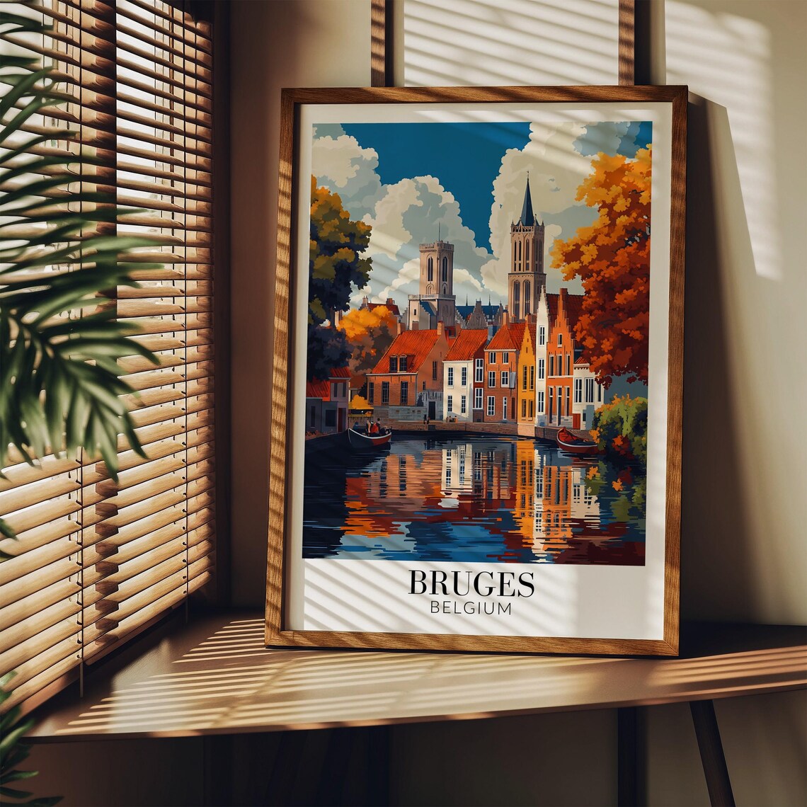 Bruges Belgium Autumn Canal Church Towers Golden Foliage Travel Poster - Image 3