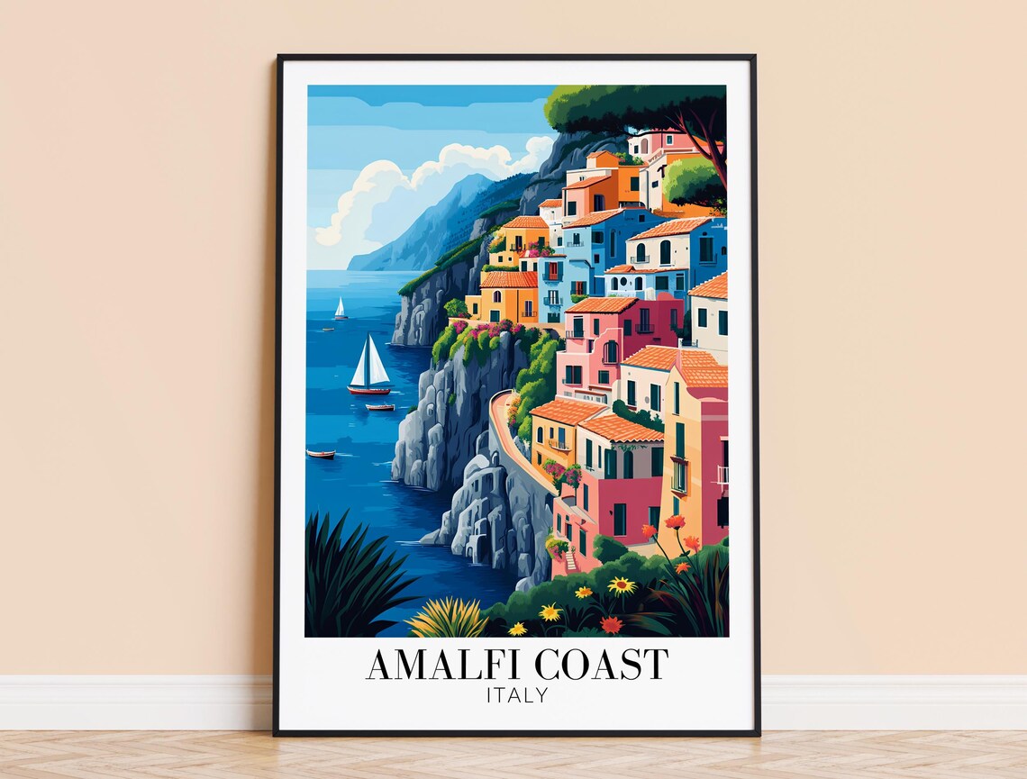 Amalfi Coast Cliffside Village Colorful Houses Sea View Travel Poster