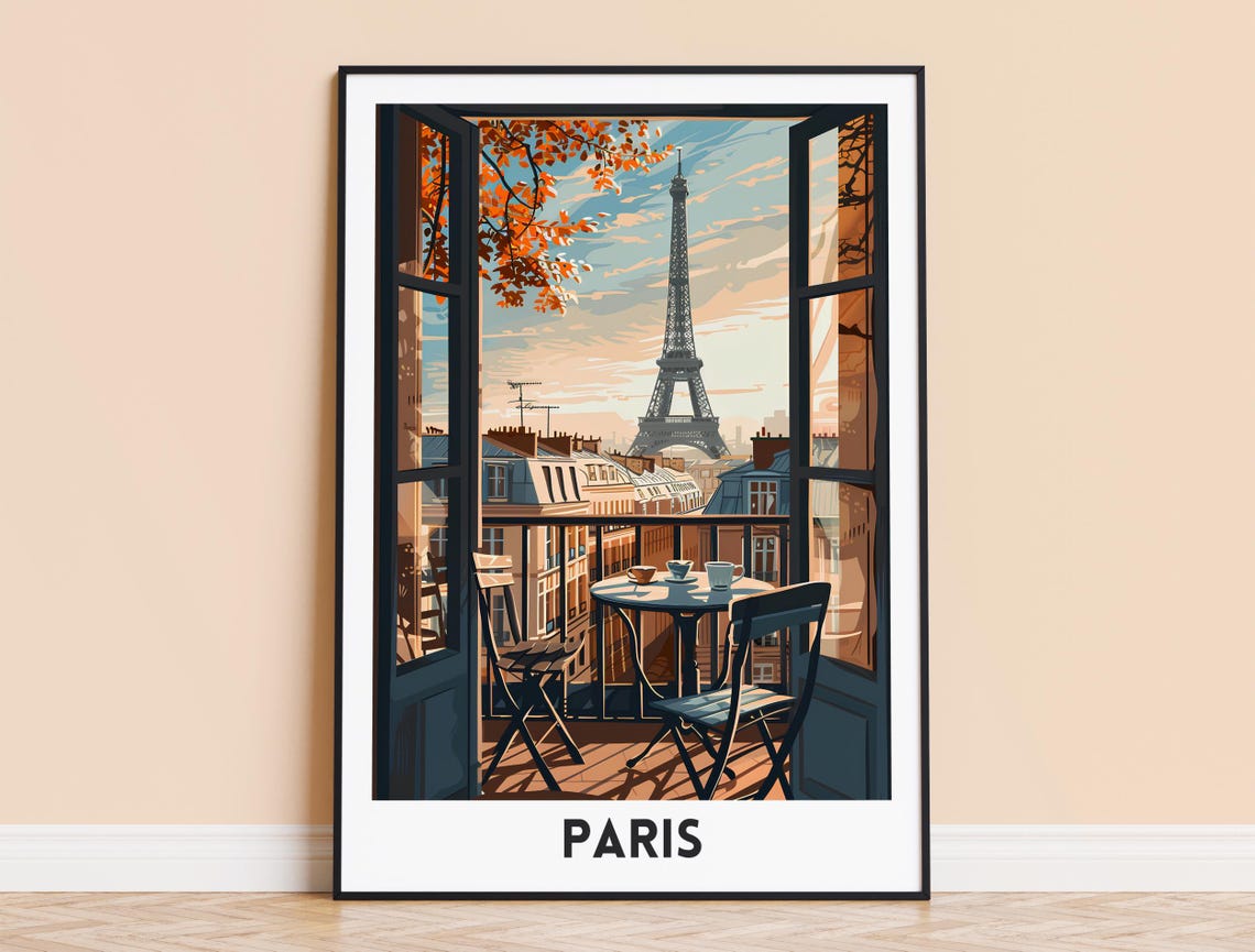 Paris Eiffel Tower Balcony View Autumn Cafe Scene Travel Poster
