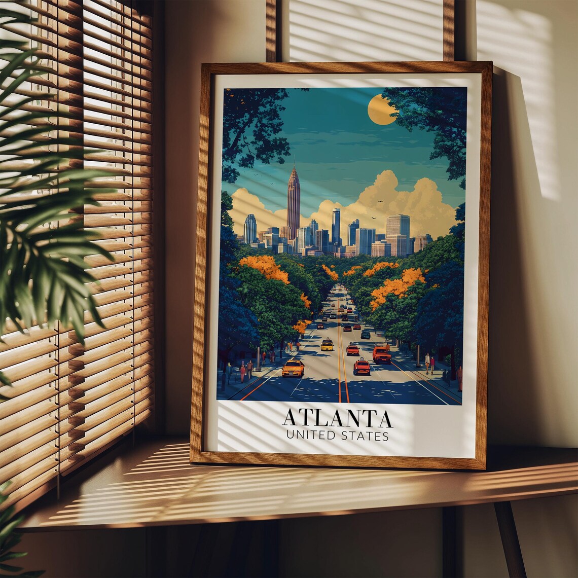 Atlanta Peachtree Street Autumn Moon Cars Night Travel Poster - Image 3