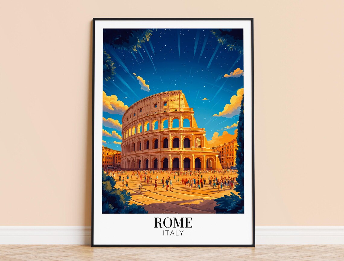 Rome Italy Colosseum Night Starry Golden Crowds Travel Poster